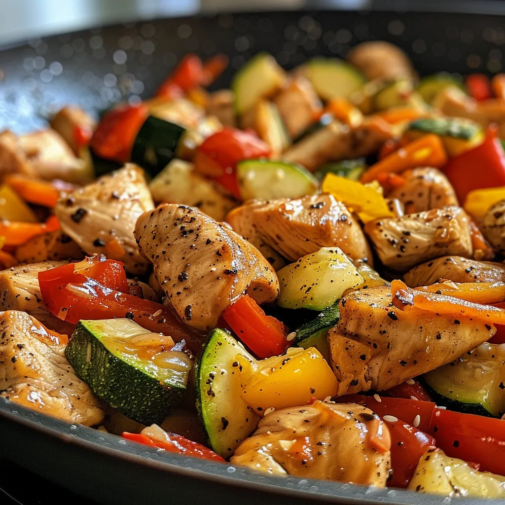 Close-up view of a healthy chicken and vegetable dish in a pan.