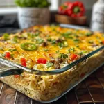Close-up view of a high protein egg casserole with visible layers of ingredients.