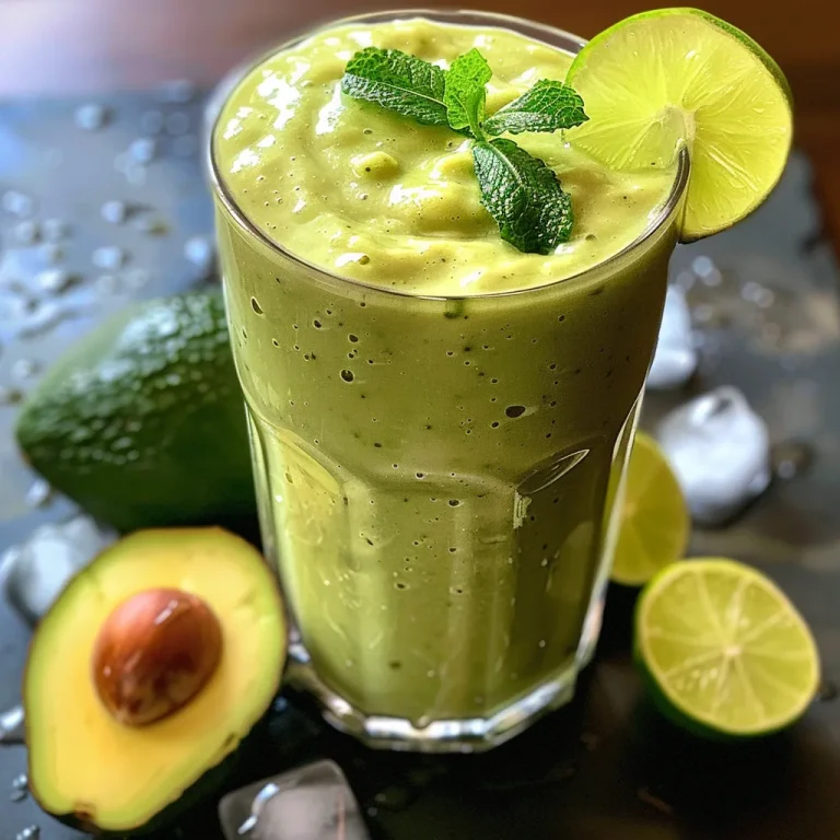 Close-up view of a creamy green Keto Avocado and Lime Smoothie in a glass, garnished with fresh mint leaves.