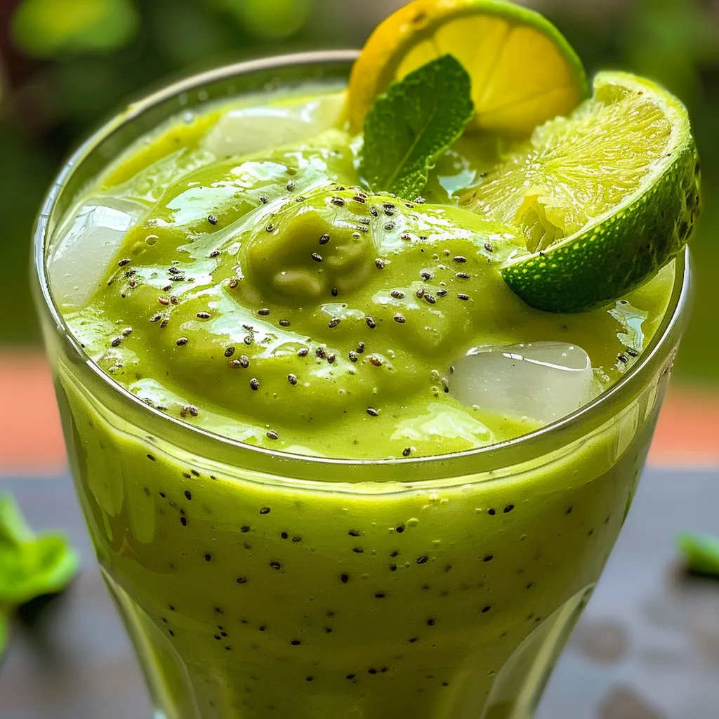 Side shot of a vibrant lime green smoothie made with avocado and coconut milk, featuring ice cubes and mint on top.