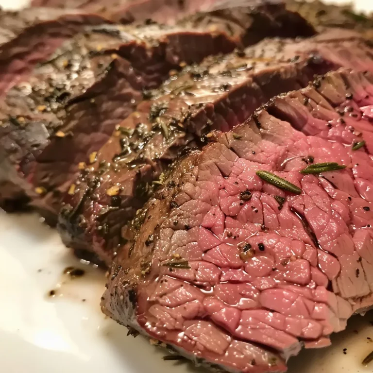 Close-up view of medium-rare roast beef with a juicy, pink center.