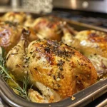Close-up view of a golden-brown roasted chicken garnished with herbs and lemon wedges.
