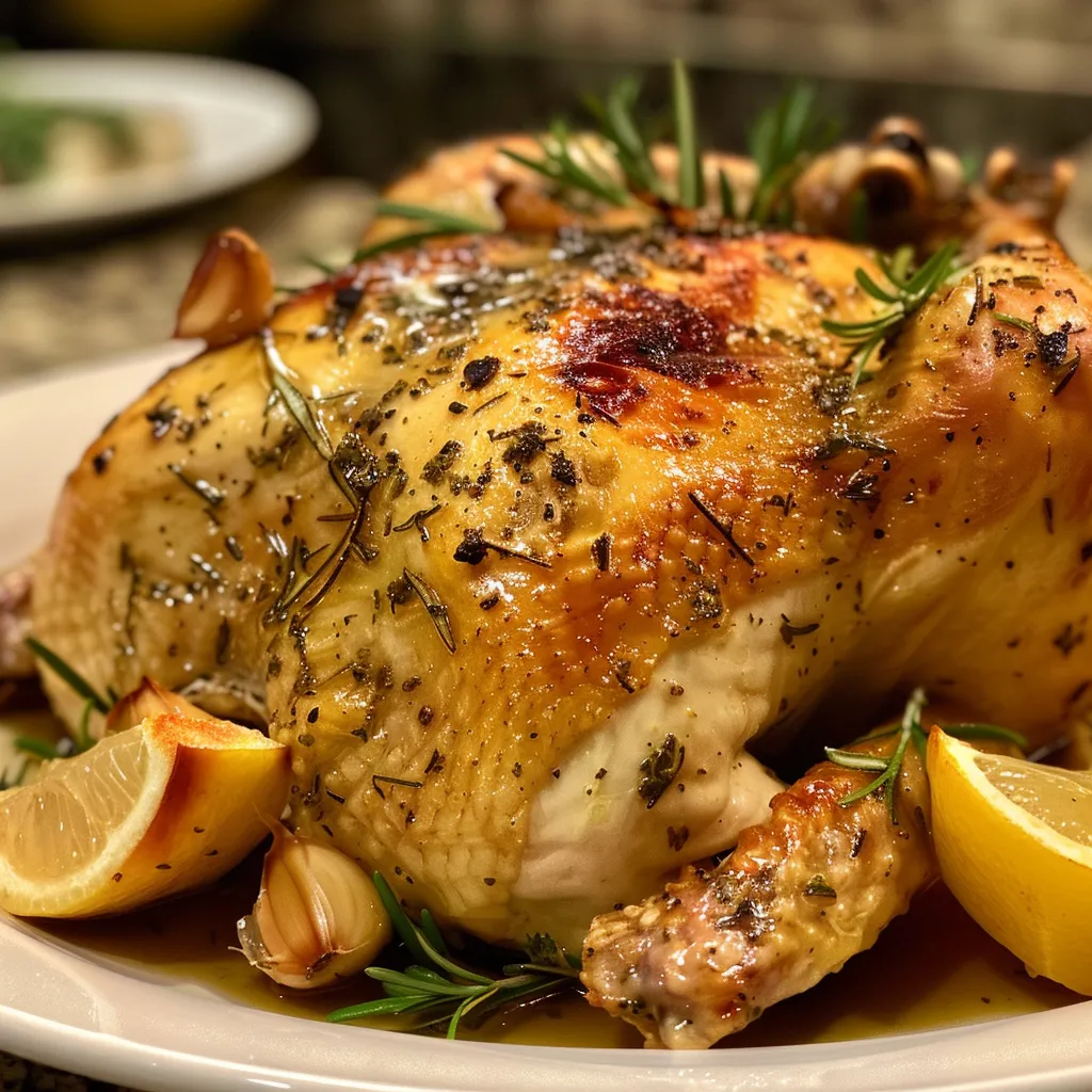 Juicy roasted chicken with crispy skin, surrounded by fresh herbs and lemon slices.