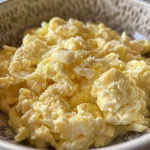Close-up of a creamy scrambled egg mix in a bowl.