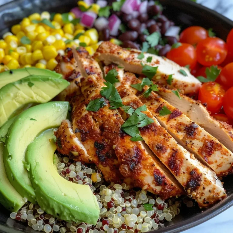 The Quinoa Bowl That Brings Comfort and Flavor to Your Table Close-up view of Smoky Grilled Chicken Quinoa Bowl with colorful toppings.