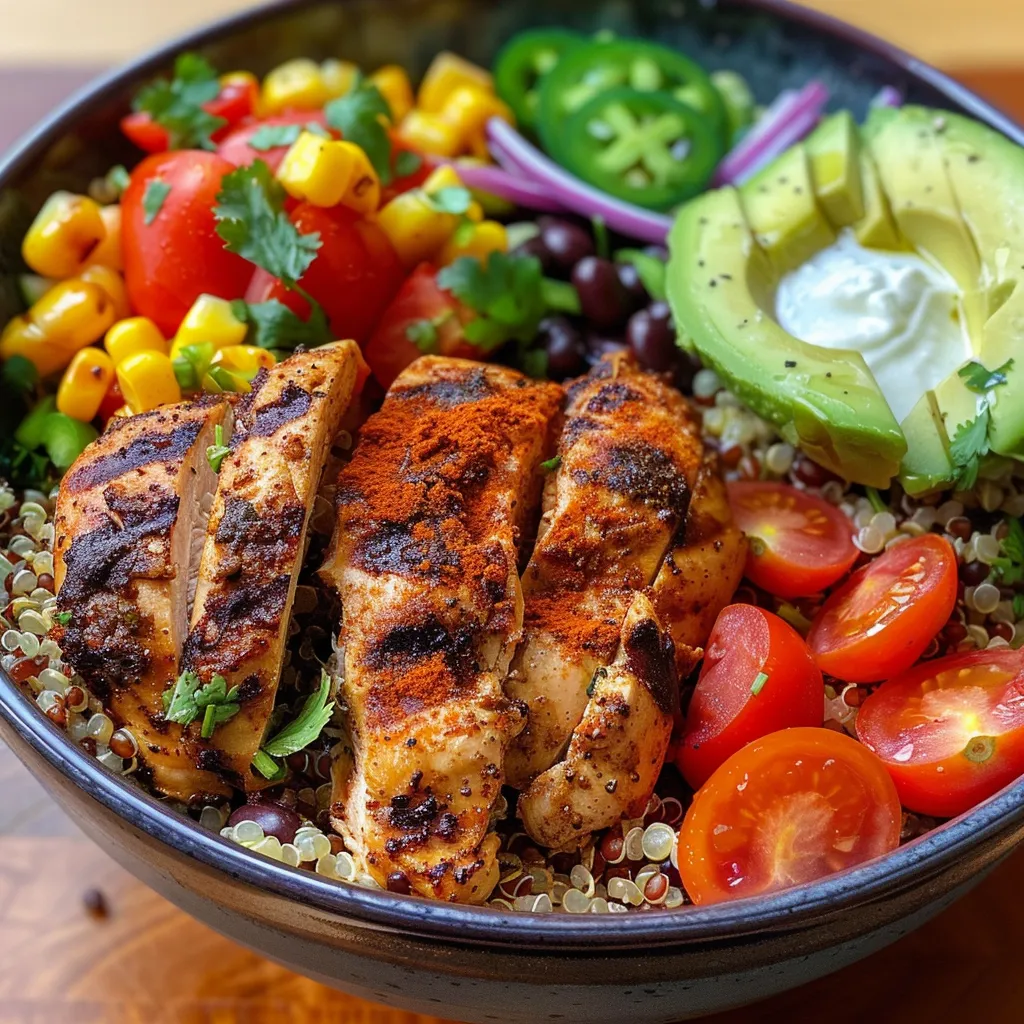Side angle of a vibrant Smoky Grilled Chicken Quinoa Bowl with an avocado slice.