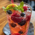 Close-up view of a refreshing Sparkling Berry Lemonade in a glass, surrounded by fresh berries and mint.