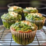 Side view of a golden-brown spinach-feta muffin with a moist texture.