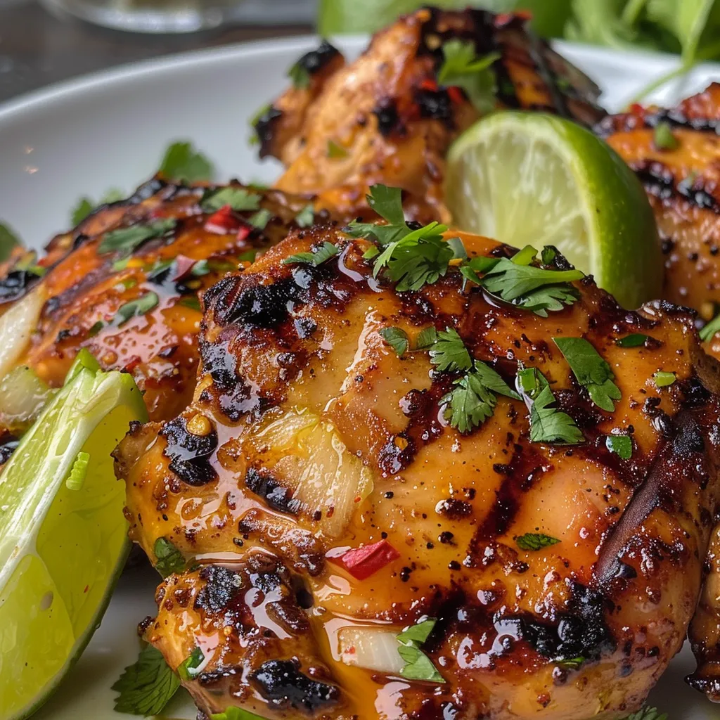 Side view of grilled chicken garnished with lime wedges and cilantro.
