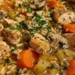 Close-up view of a bowl filled with Nana's Chicken and Rice Stew, showcasing juicy chicken, rice, and colorful vegetables.