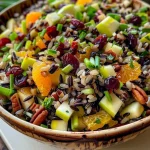 Close-up view of a colorful wild rice salad featuring cranberries and pecans.