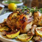 Close-up view of a juicy Lemon Garlic Roasted Chicken, highlighting its golden-brown skin and garnishes.