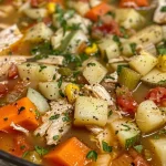 Close-up side view of a steaming bowl of Hearty Chicken and Vegetable Soup with vibrant vegetables and tender chicken pieces.