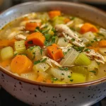 Close-up of a bowl of Ultimate Chicken Soup with vegetables and herbs visible.