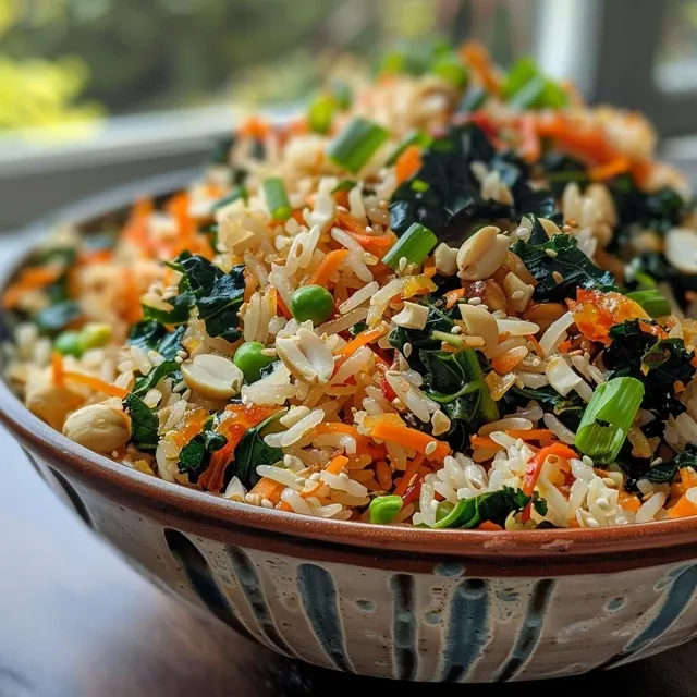 Close-up view of a refreshing Kimchi salad with crispy rice, garnished with scallions and peanuts.