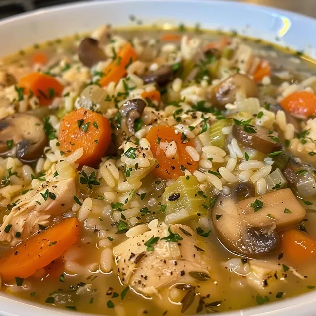 Side view of a steaming bowl of chicken and rice stew made with fresh ingredients, capturing its delicious texture.