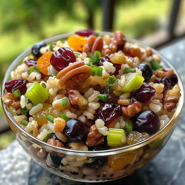 Side view of Lemon Rice Salad showcasing colorful ingredients and texture.