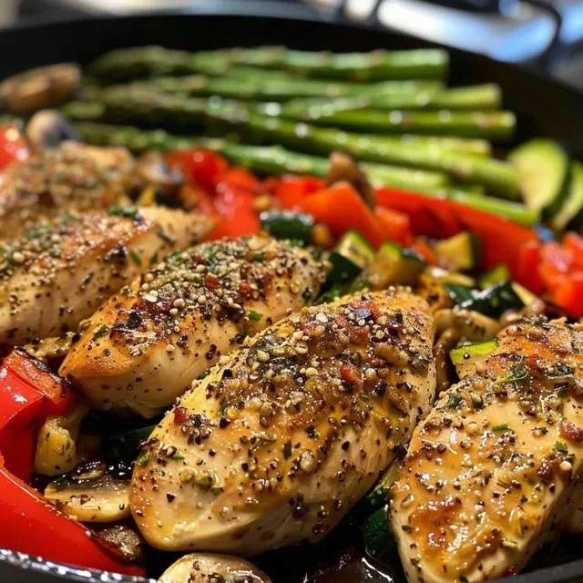 Side view of a juicy chicken skillet featuring bell peppers, asparagus, and zucchini.