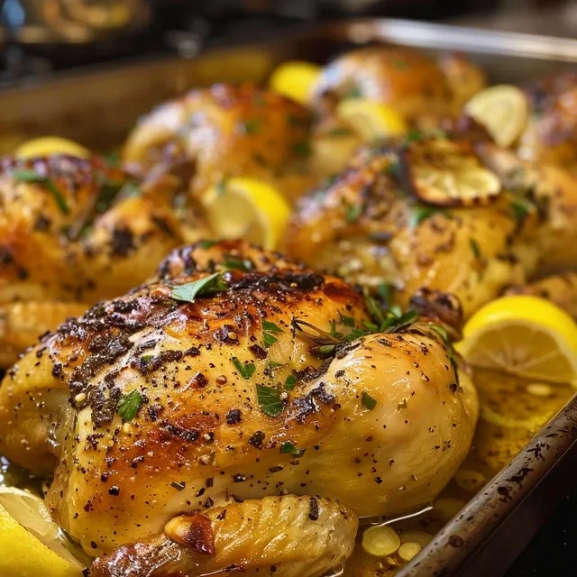 Side view of succulent Lemon Garlic Roasted Chicken with garlic cloves and lemon slices around it.
