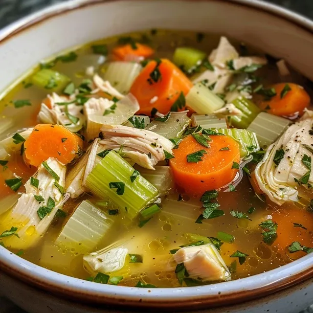 Side view of a steaming bowl of chicken soup, showcasing colorful carrots and herbs.