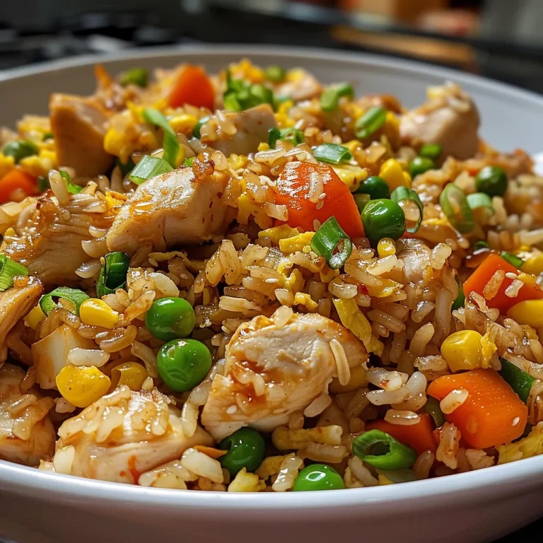 Close-up of chicken fried rice with colorful vegetables and a glossy soy sauce finish.