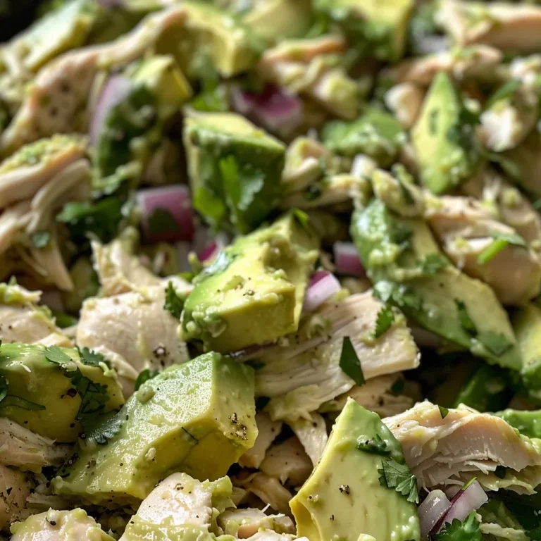 Close-up of creamy avocado chicken salad with diced vegetables.