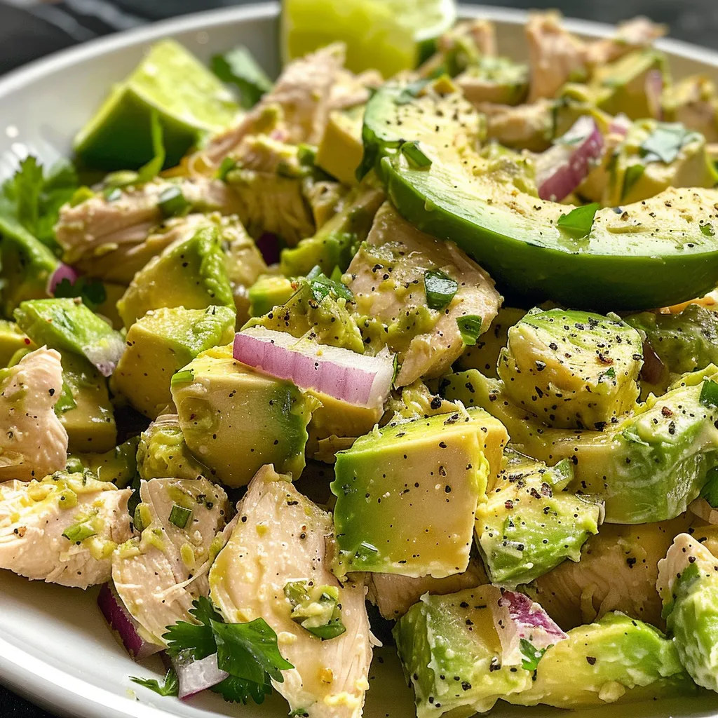 Side view of a vibrant, mayo-free avocado chicken salad in a bowl.