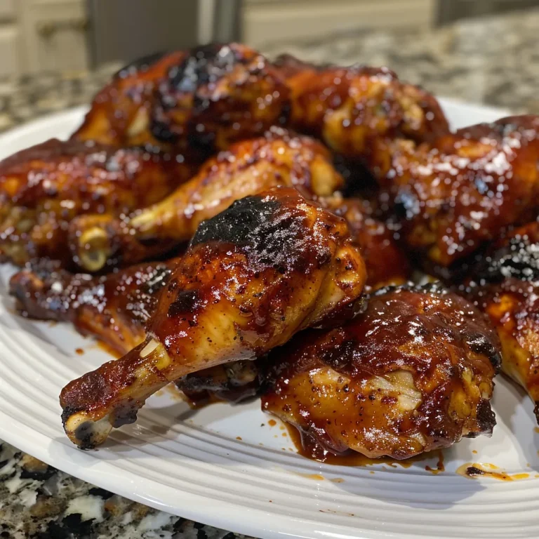 Juicy Baked BBQ Chicken Thighs with a rich glaze, served on a plate.