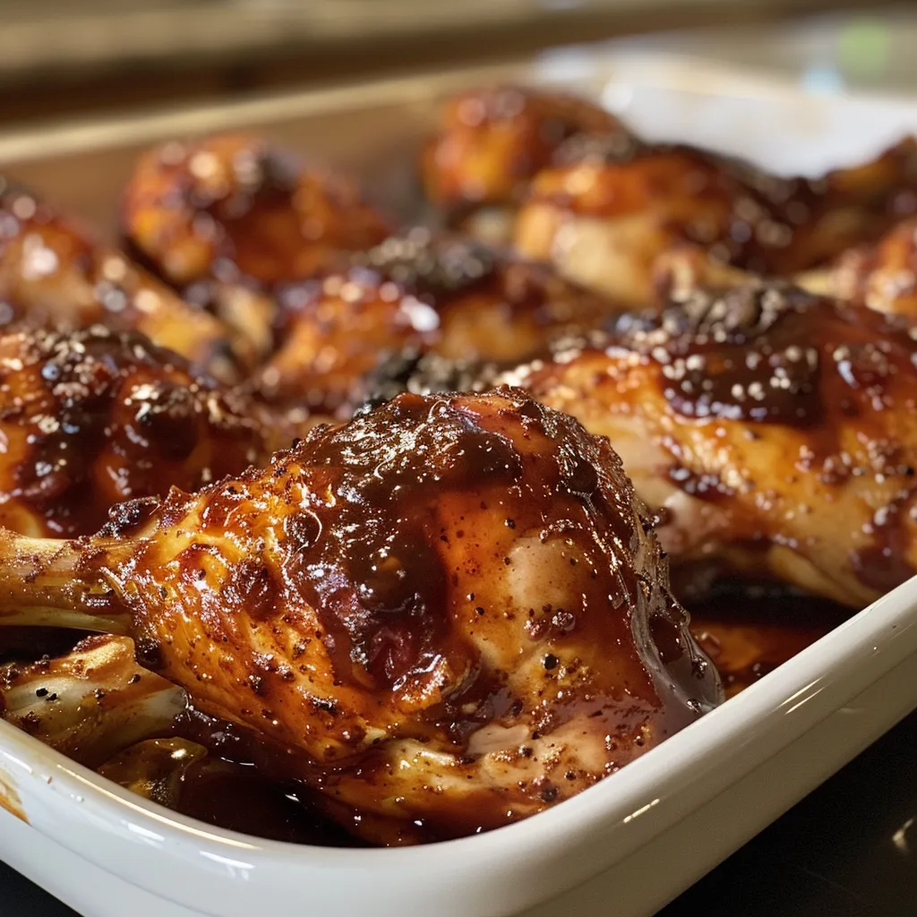 Close-up view of crispy skin on Baked BBQ Chicken Thighs with barbecue sauce.