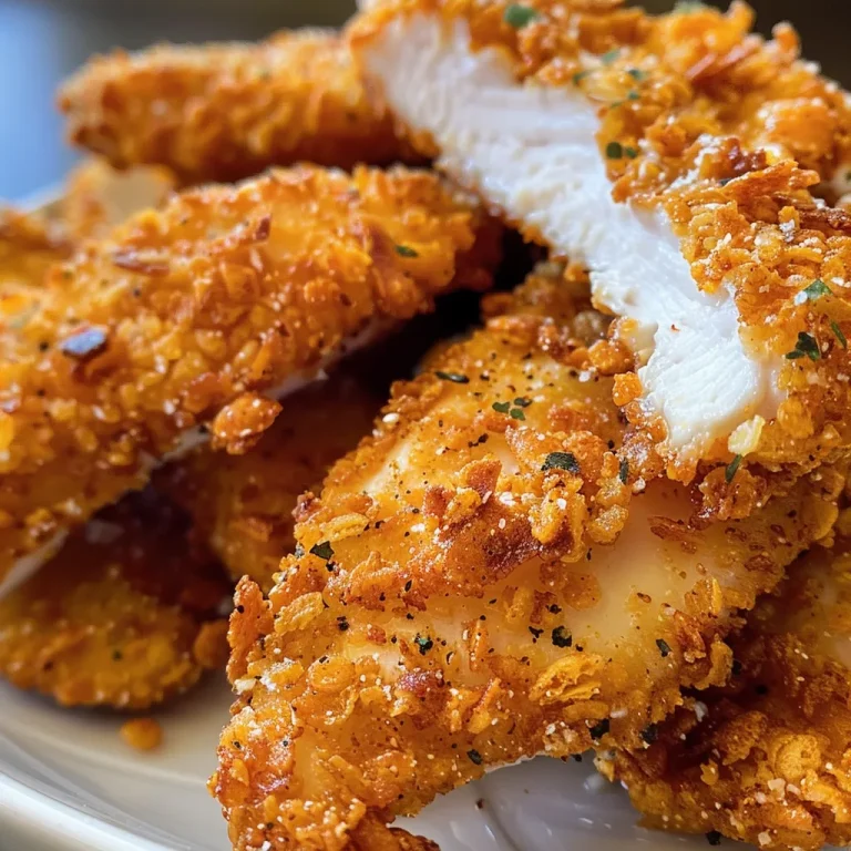 Close-up of baked cornflake-crusted chicken strips on a plate, showcasing a golden-brown exterior.