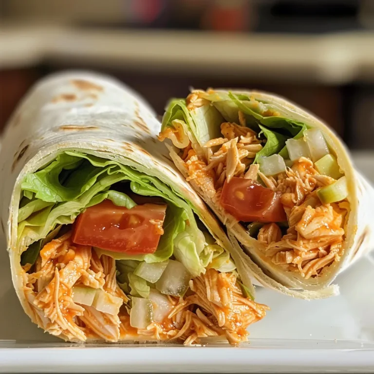 A close-up view of a Buffalo Chicken Wrap filled with shredded chicken, lettuce, tomatoes, and cheese.