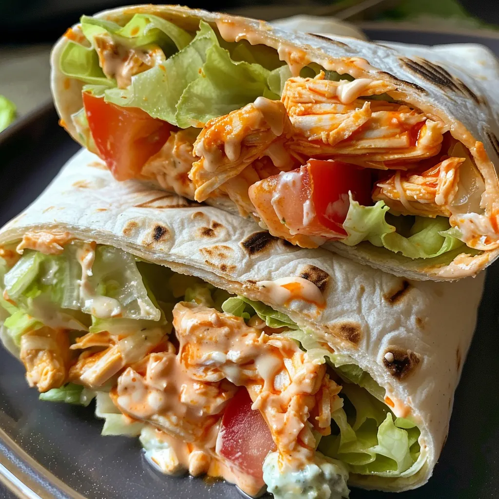 Juicy Buffalo Chicken Wrap showcasing vibrant ingredients including shredded chicken and fresh vegetables.