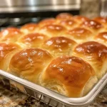 Close-up of freshly baked buttermilk rolls with a golden-brown crust.