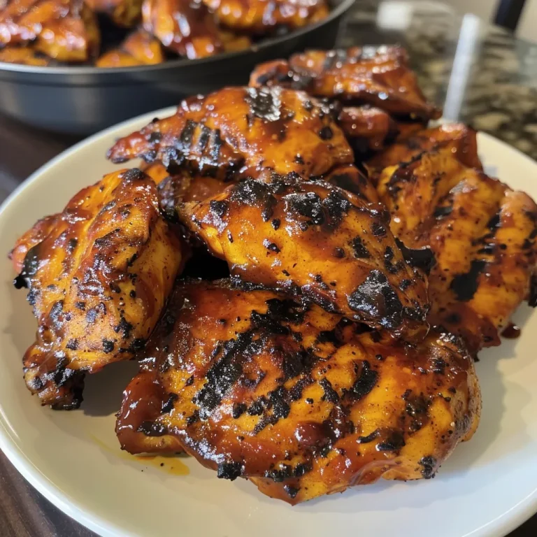 Juicy caramelized BBQ chicken thighs with a shiny glaze.