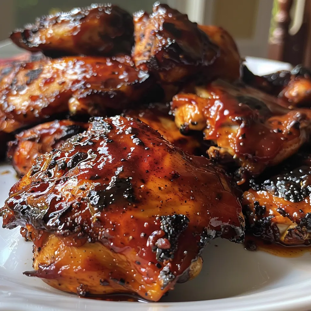 Close-up of golden-brown BBQ chicken thighs on a plate.