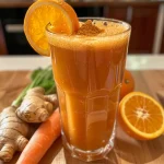 Close-up of vibrant carrot orange ginger juice in a clear glass, with fresh ingredients beside it.