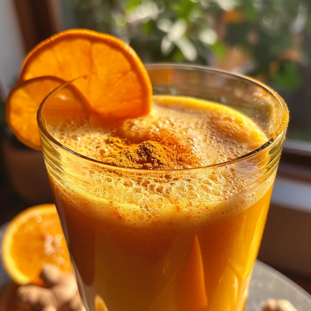 Side view of freshly prepared Carrot, Orange, and Ginger Juice in a clear glass with ice cubes.