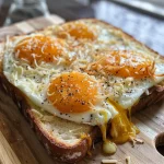 Close-up view of a cheesy egg toast with melted cheese and a golden crust.