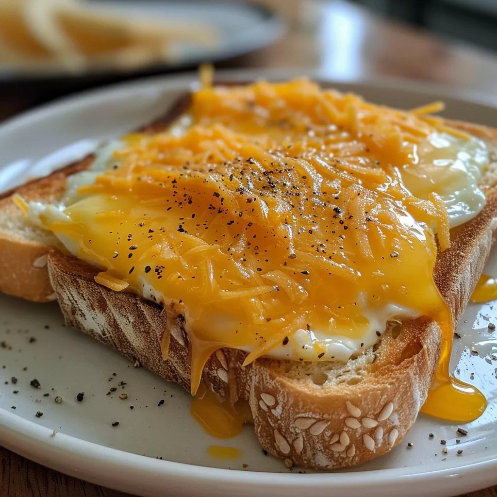 Side view of two slices of toasted sourdough with eggs and cheese dripping.