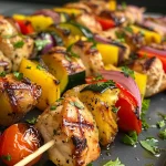 Juicy chicken and colorful vegetables on skewers, ready to be grilled.