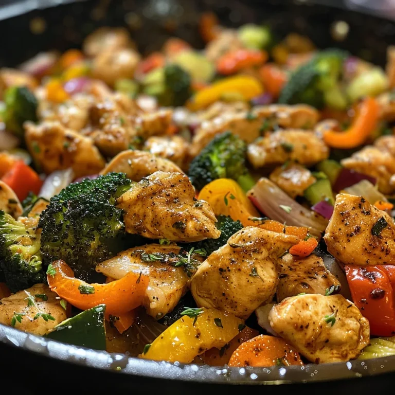 The Skillet Supper That Brings Family Together A colorful Chicken and Vegetables Skillet featuring chunks of chicken and various vegetables.