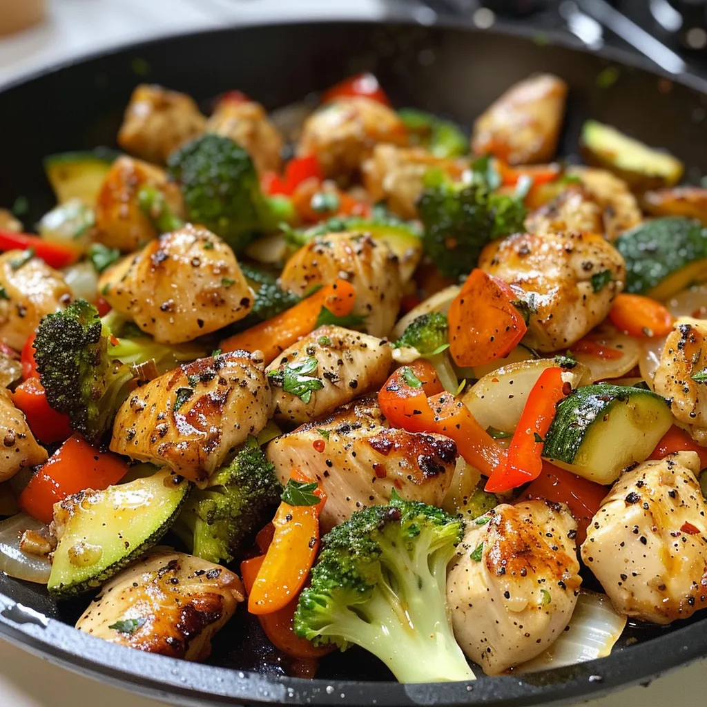 Close-up view of a delicious Chicken and Vegetables Skillet with vibrant veggies and tender chicken pieces.