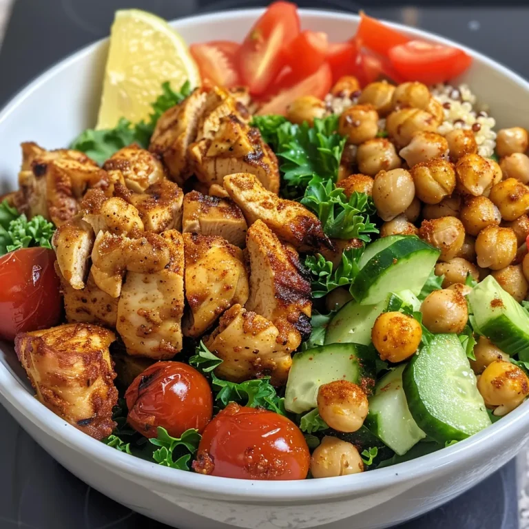 Close-up view of a colorful chicken and chickpea bowl filled with fresh ingredients.