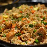 A close-up side view of Chicken Fried Rice featuring diced chicken, peas, carrots, and green onions.