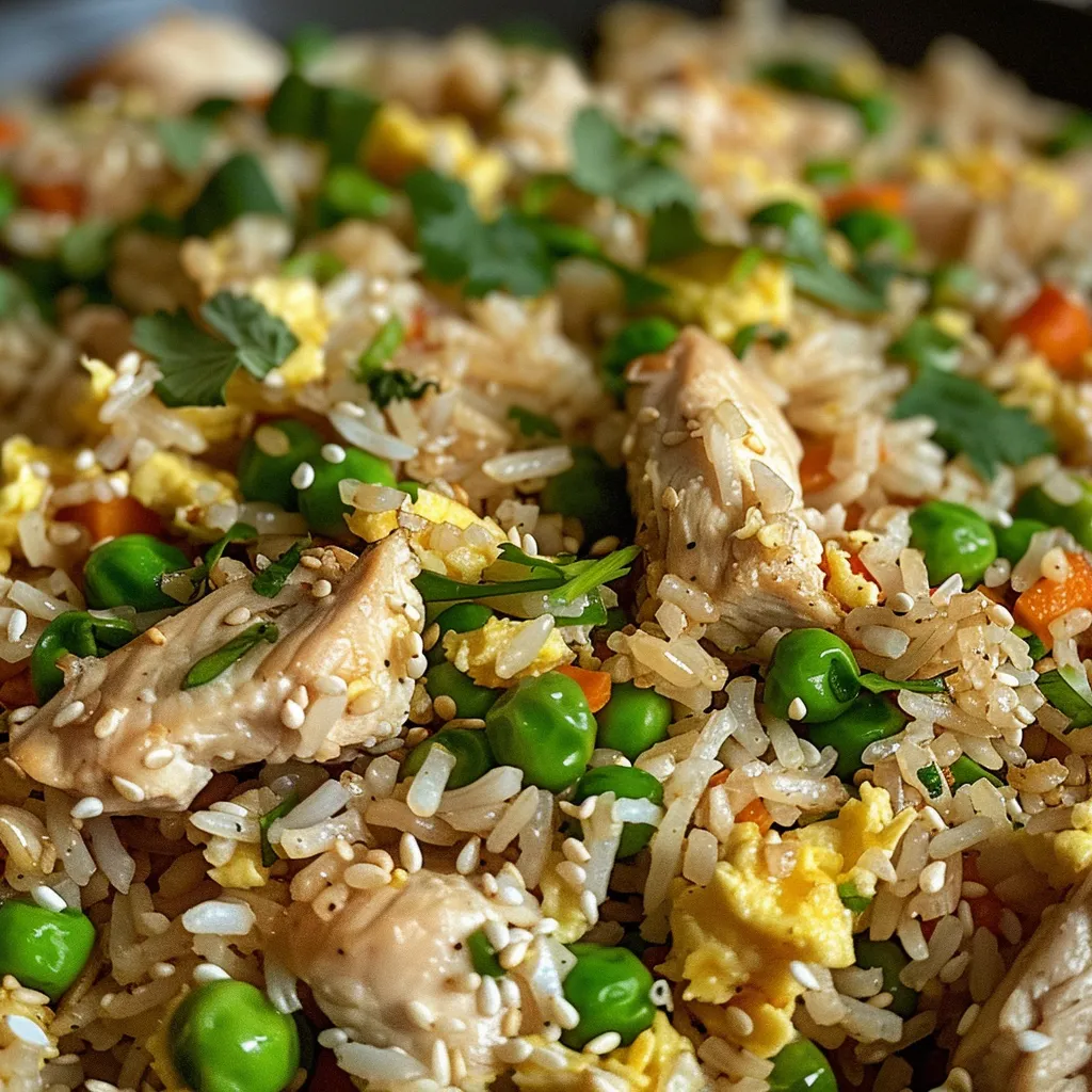 Juicy Chicken Fried Rice dish with colorful mixed vegetables and chicken pieces.