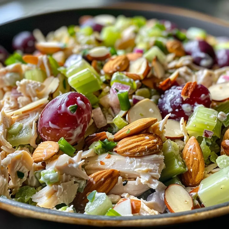 Close-up view of a colorful chicken salad featuring shredded chicken and red grapes.