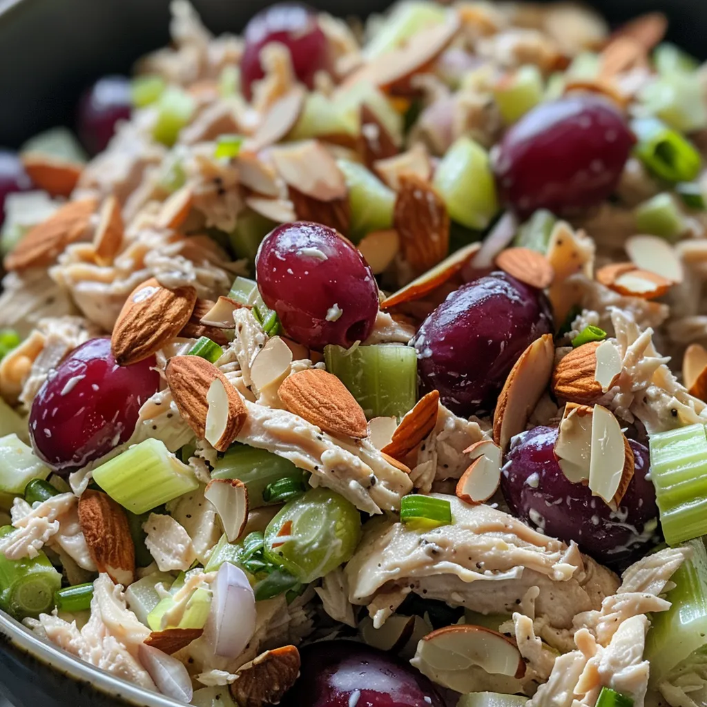 Side view of a chicken salad made with Greek yogurt, almonds, and celery in a bowl.