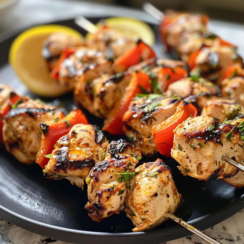 Close-up of succulent chicken skewers garnished with colorful bell peppers.