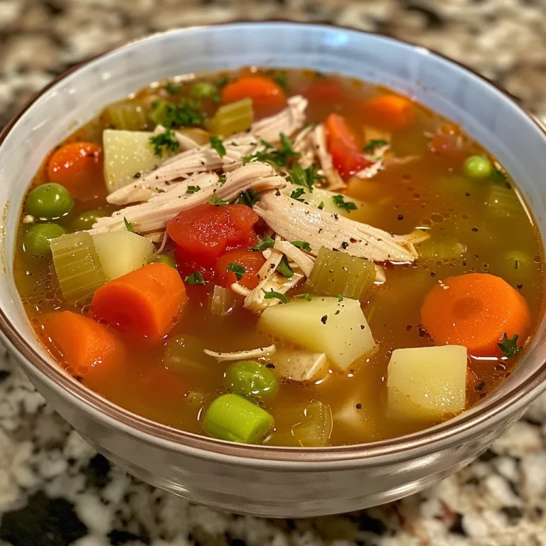 Close-up view of a steaming bowl of chicken vegetable soup with colorful ingredients.