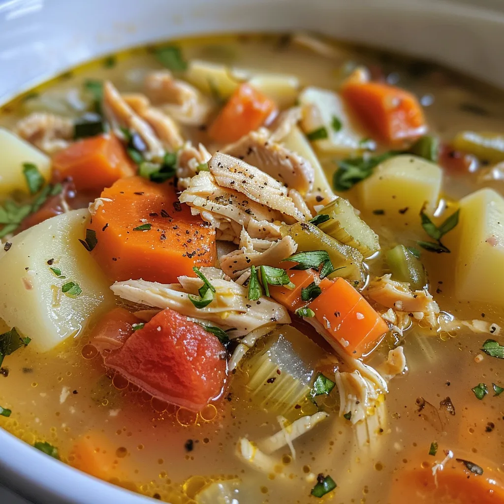 Side view of Chicken Vegetable Soup showcasing vibrant carrots, celery, and chicken in broth.